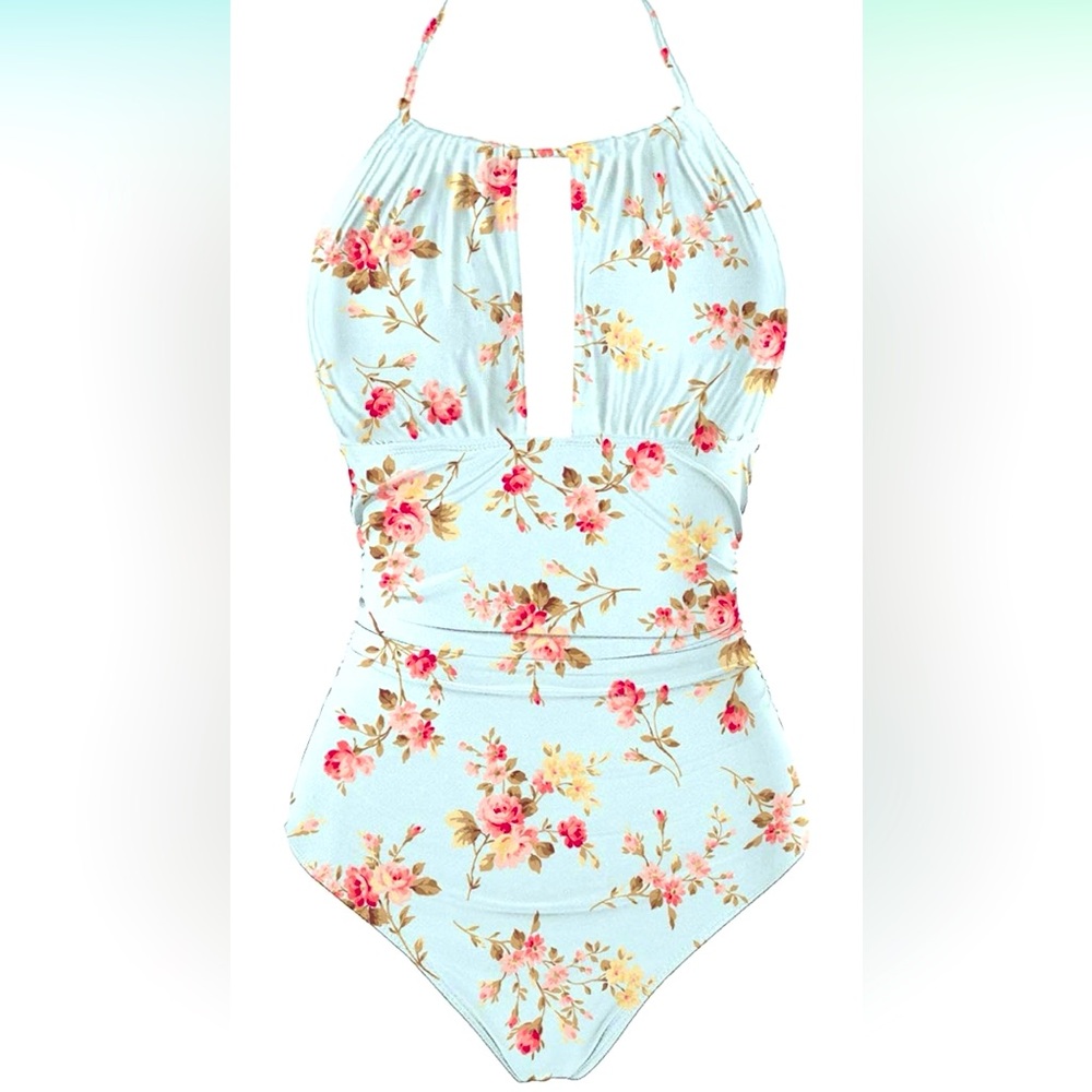 NWOT! Stylish and soft swimsuit! Baby blue w pink rose print.